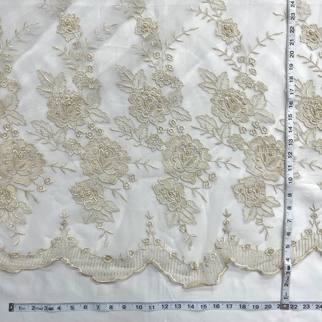 1 Yard Silver Beaded Embroidered Lace Fabric on Polyester Net Mesh for Bridal and Evening Couture – 52"